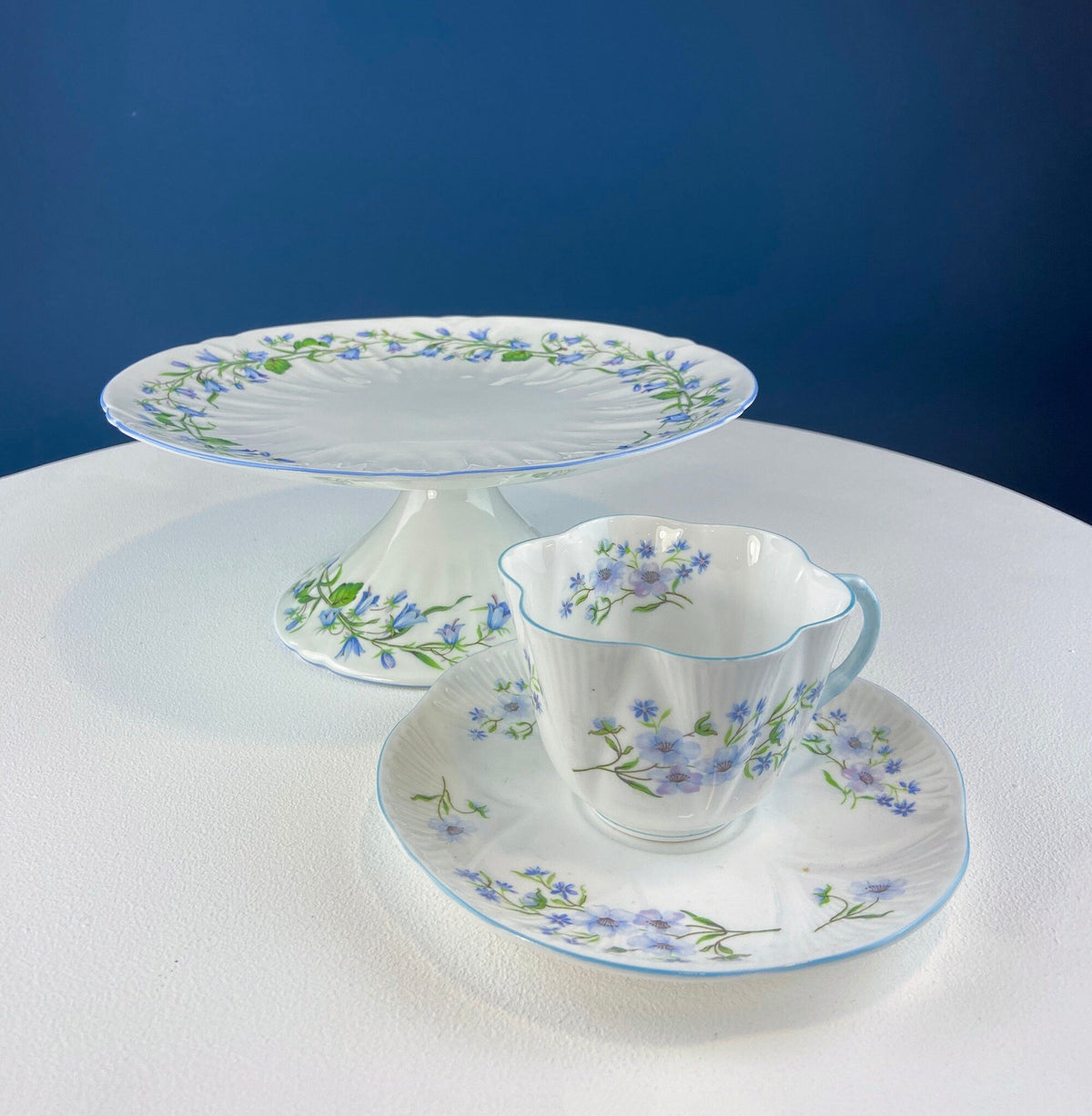 Antique Shelley Porcelain Cup and Saucer: Blue Rock Floral Pattern