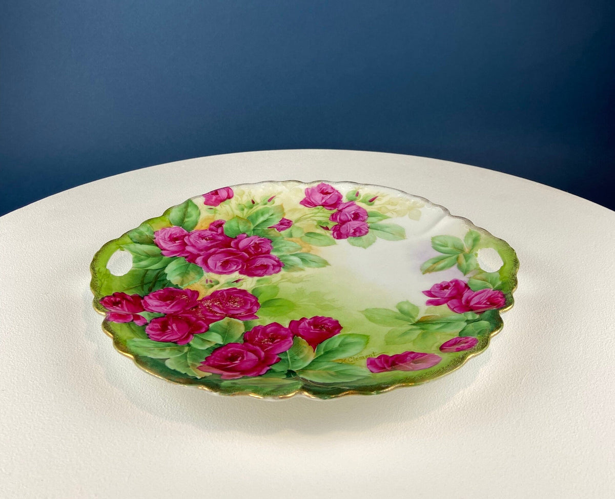 Antique 12" Serving or Decorative Plate. Hand Painted Pink Roses.  Dining Room Wall Decor or Collectible Display. Wedding Registry Gift.