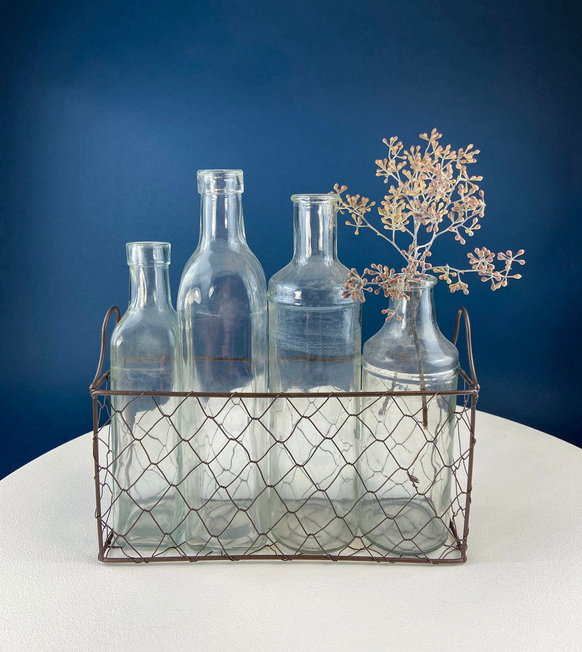 Collection of Rustic, Clear Glass Jars & Bottles with Metal Wire Baskets. Three Sets of Flower Vases or Candle Holders. Modern Farmhouse.