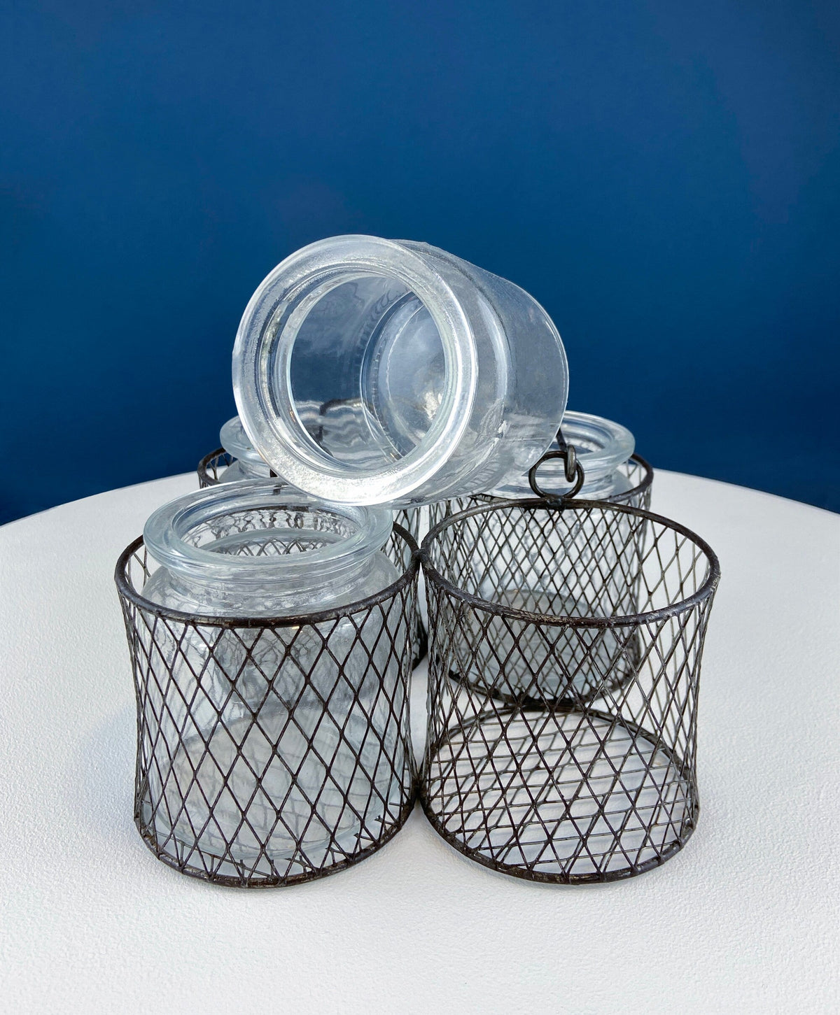 Collection of Rustic, Clear Glass Jars & Bottles with Metal Wire Baskets. Three Sets of Flower Vases or Candle Holders. Modern Farmhouse.