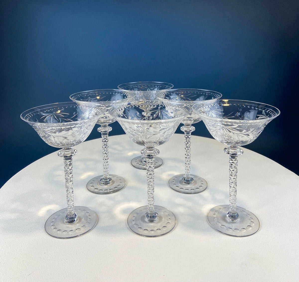 Clear Crystal Wine Goblets with Frosted Leaf Ball on the Stems. Stunning Sasaki Isabelle 8" Glassware. Long Ping. Set Of 10.