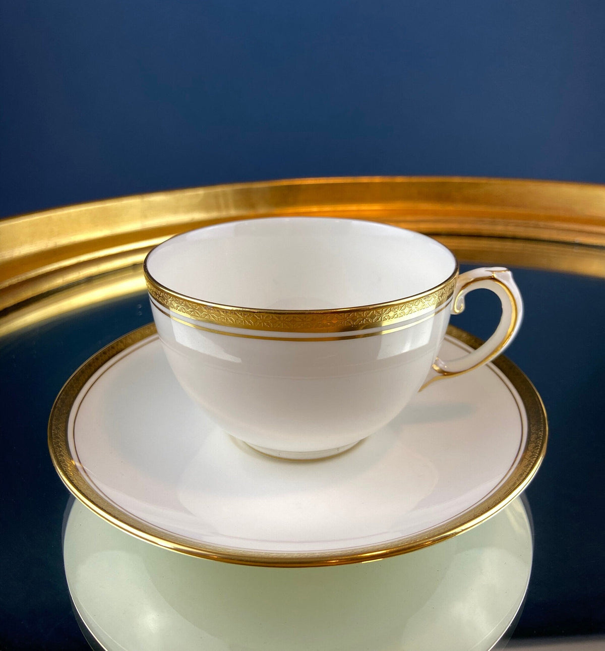 Coalport Elite White Cup and Saucer: Gold Rim Wedding Band China