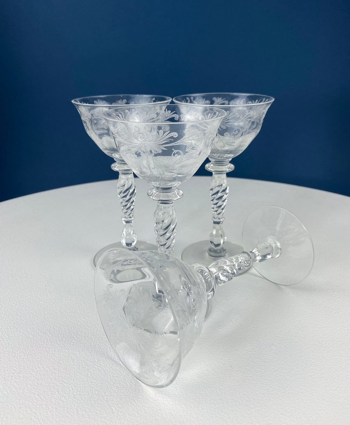 Tiffin Franciscan Sweet Wine Glasses. Set of Four Byzantine Etched Stemware. Floral Motif.