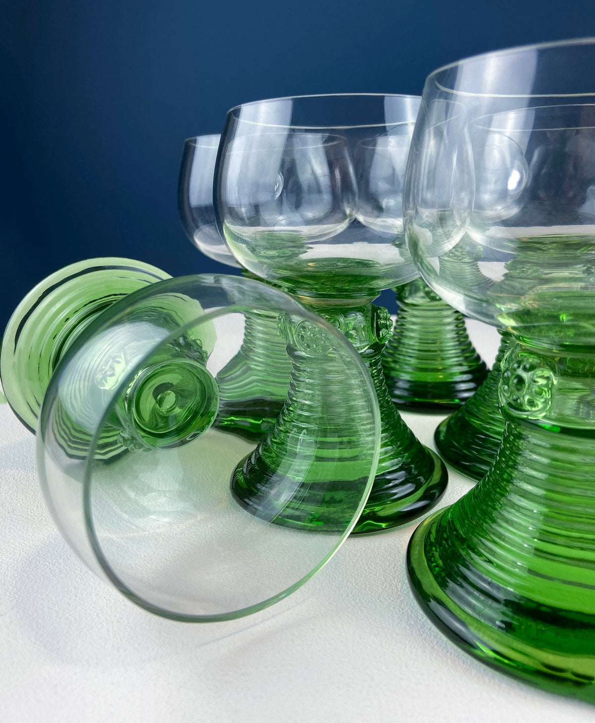 Hand Blown Wine, Water or Margarita Goblets. 6 Clear Bowls with Green Ribbed Stems. Roemer Green by CRISTAL D'ARQUES-DURAND. Wedding Gift.
