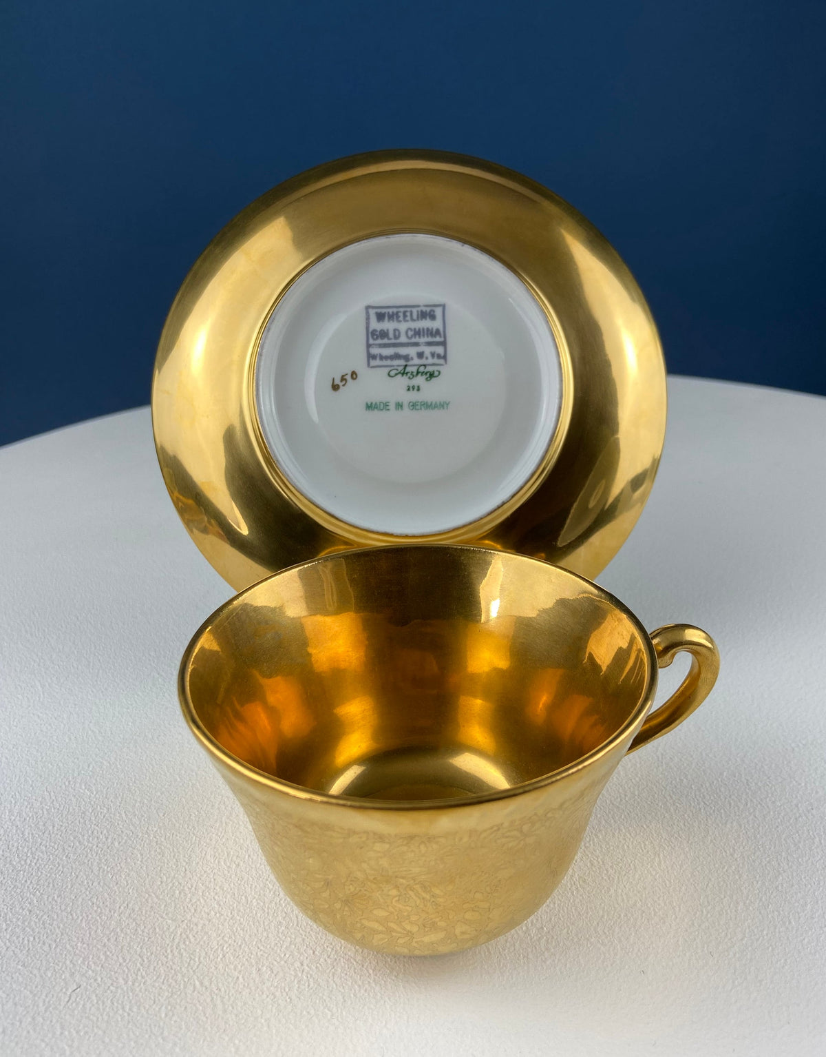 Gold on Gold Cup and Saucer by Wheeling, Germany, Paired with Stunning Gilded Hutschenreuther Serving Plate. Tea Set. Luxury Living.
