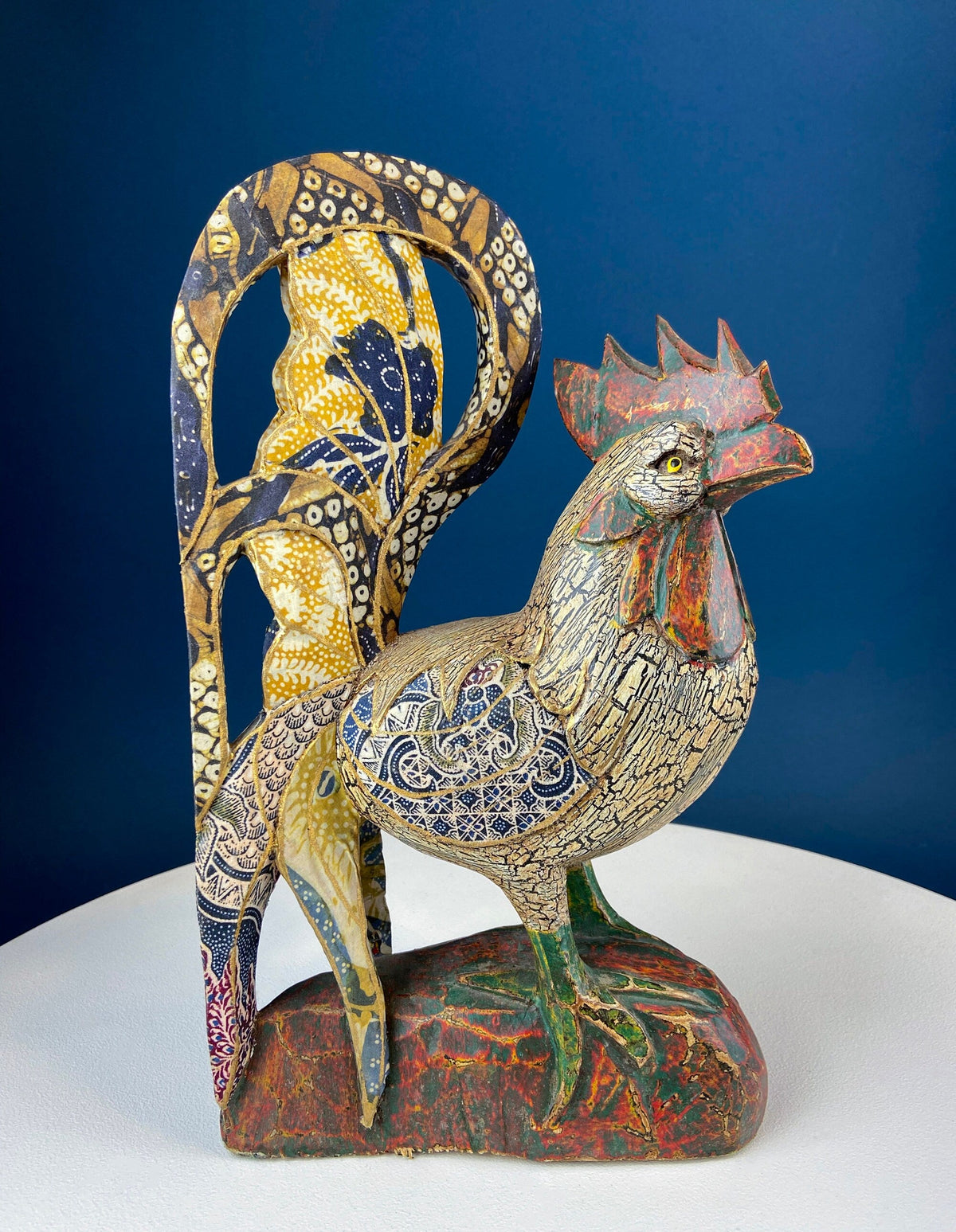 Set of 2 Wooden Hand Carved Rooster Figurines. Wood with Fabric Inlays & Gold Lines. Modern Farmhouse. Fall Decor. Table Centerpiece. Ethnic