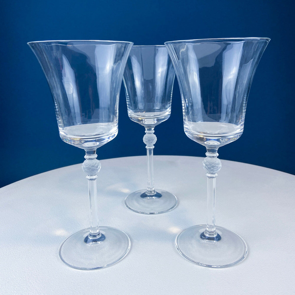 Crystal Wine Goblets with Ball Stem. Enchantress by Mikasa. Frosted Ball Shaped like Berries & Leaves. Set of 9. Stunning Ping.