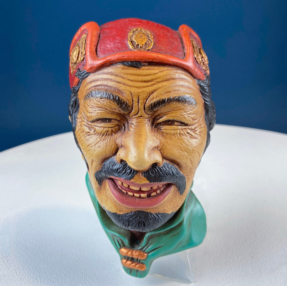 Vintage Chalkware Head of syarian in Blue Hat. Life Like Caricature of Bearded Man. Ethnic Wall Hanging. Collectibl