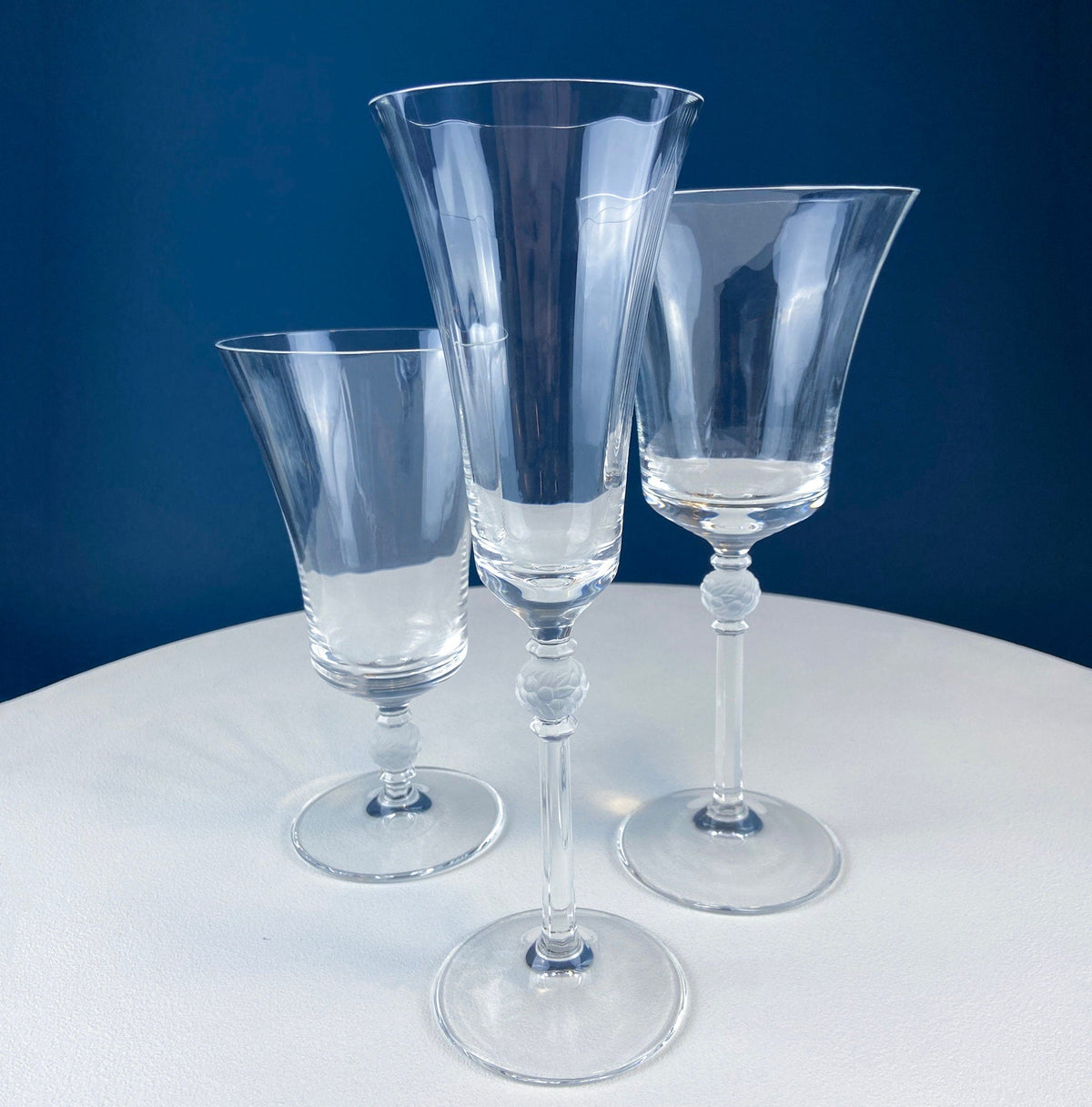 Crystal Wine Goblets with Ball Stem. Enchantress by Mikasa. Frosted Ball Shaped like Berries & Leaves. Set of 9. Stunning Ping.