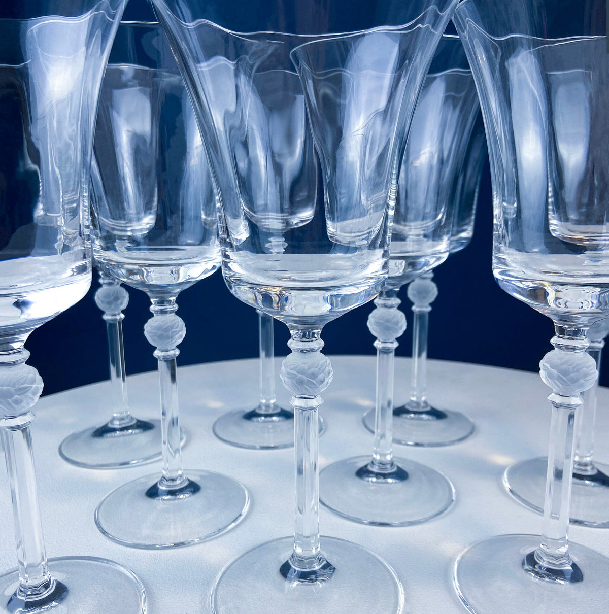 Crystal Wine Goblets with Ball Stem. Enchantress by Mikasa. Frosted Ball Shaped like Berries & Leaves. Set of 9. Stunning Ping.