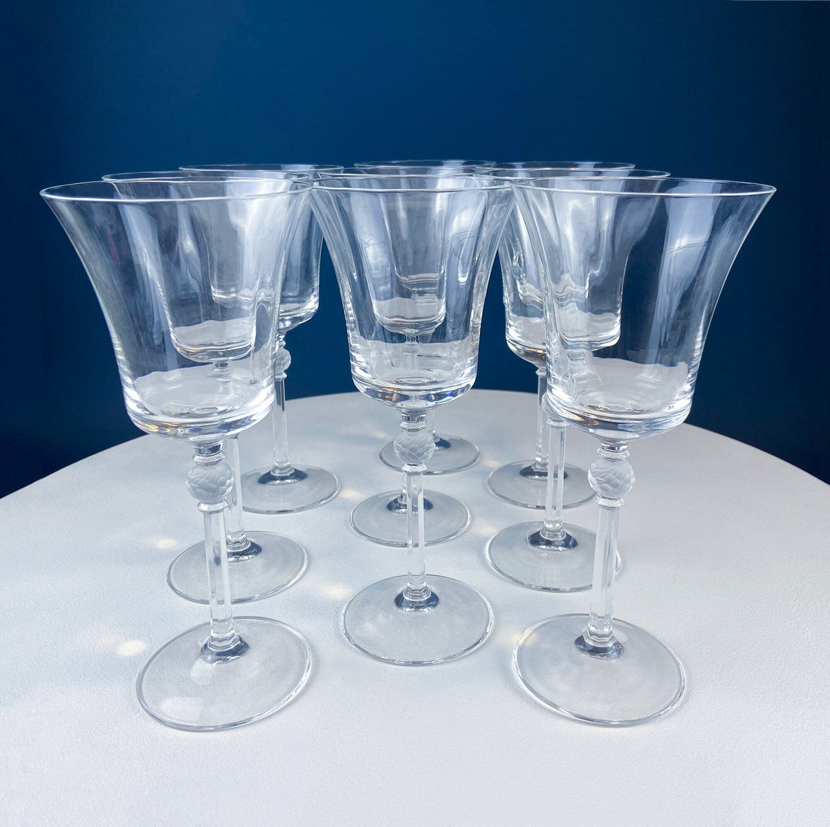 Laura by Rogaska Crystal Water/Iced Tea Goblets. Miller Rogaska Etched on each Glass. Frosted Flower Stem. Stunning Ping. Holiday Celeb.