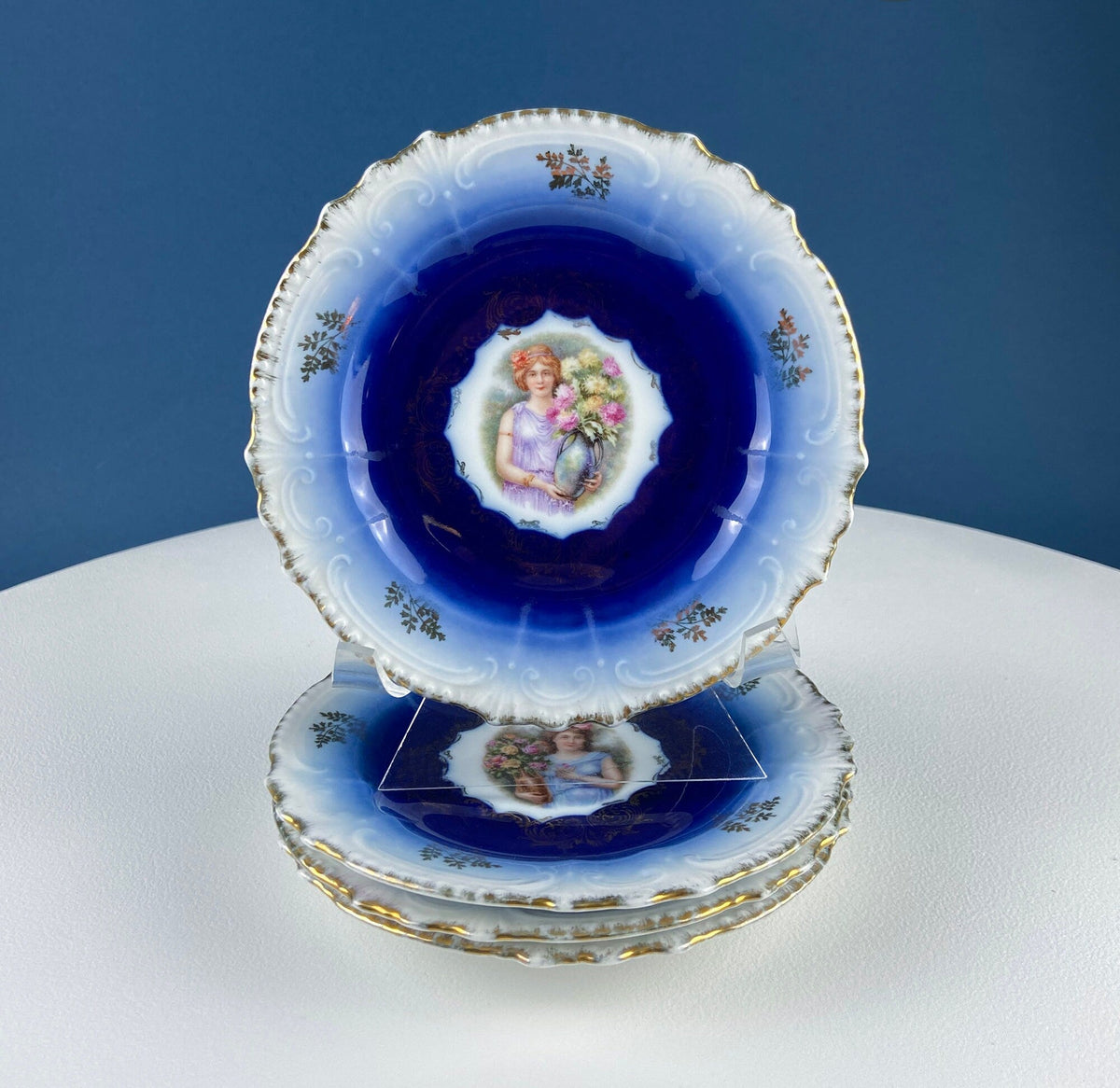 6" Salad or Dessert Plates. Set of Four Antique Royal Bavarian, Hand Painted Cobalt Blue With Women Holding Flowers. Collectible Porcelain.