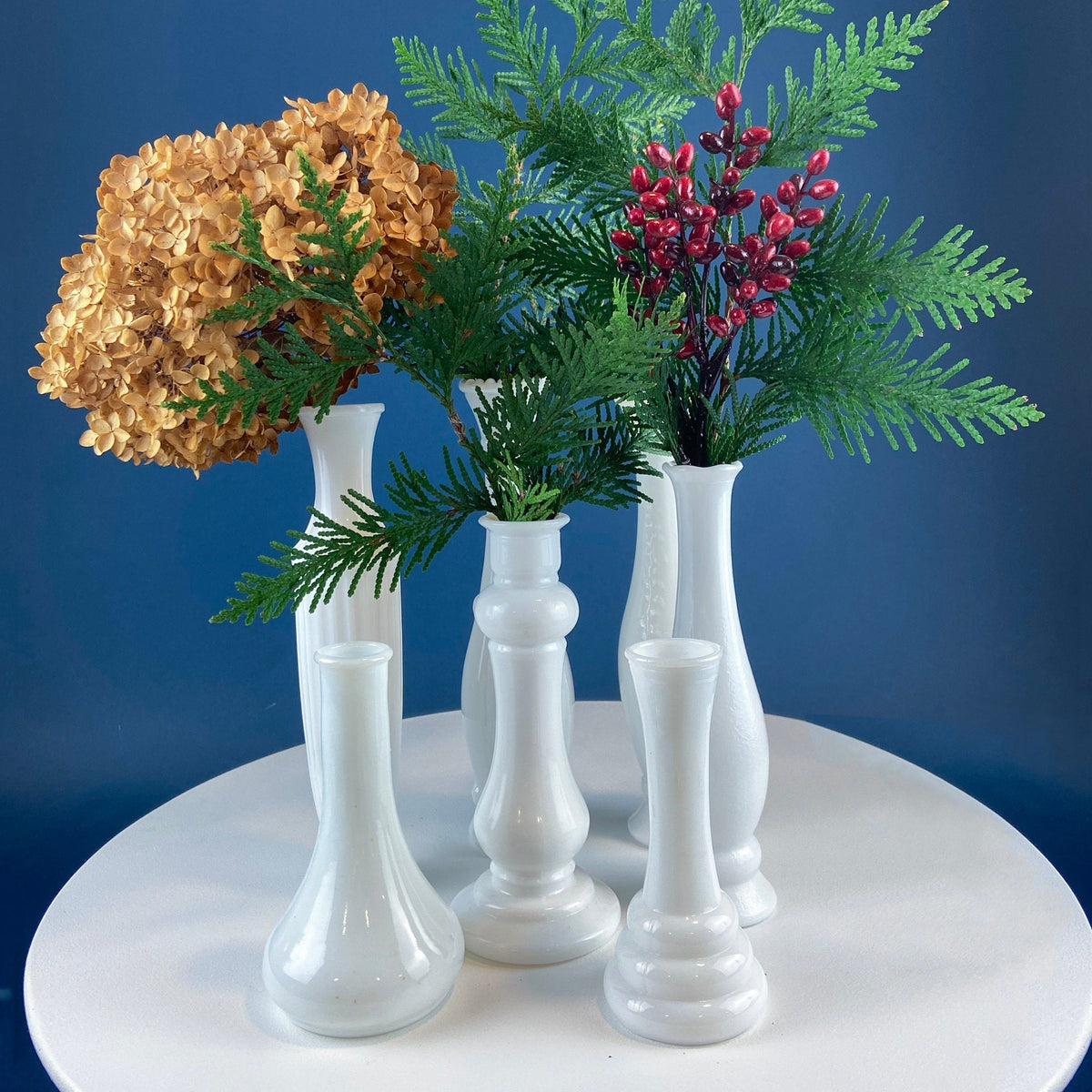 Collection of Milk Glass Vases. Set of Seven. Varying Shapes and Sizes. Contemporary Designs. White Kitchen, Dining, or Living Room Decor.