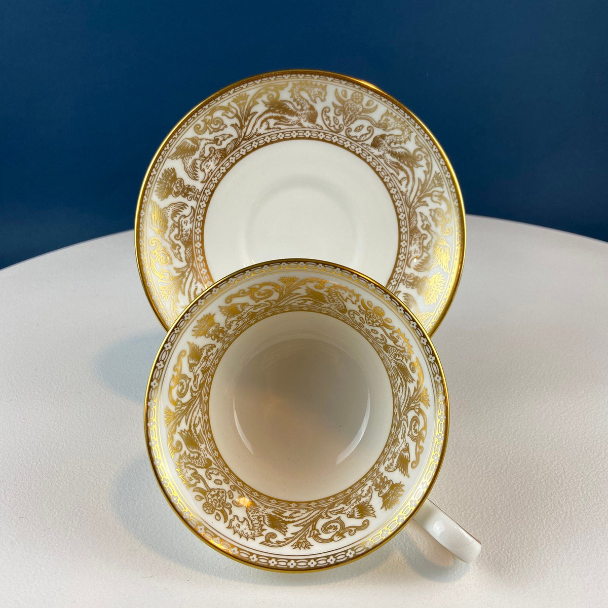 Antique Wedgewood Tea Cup and Saucer: Florentine Gold Dragons