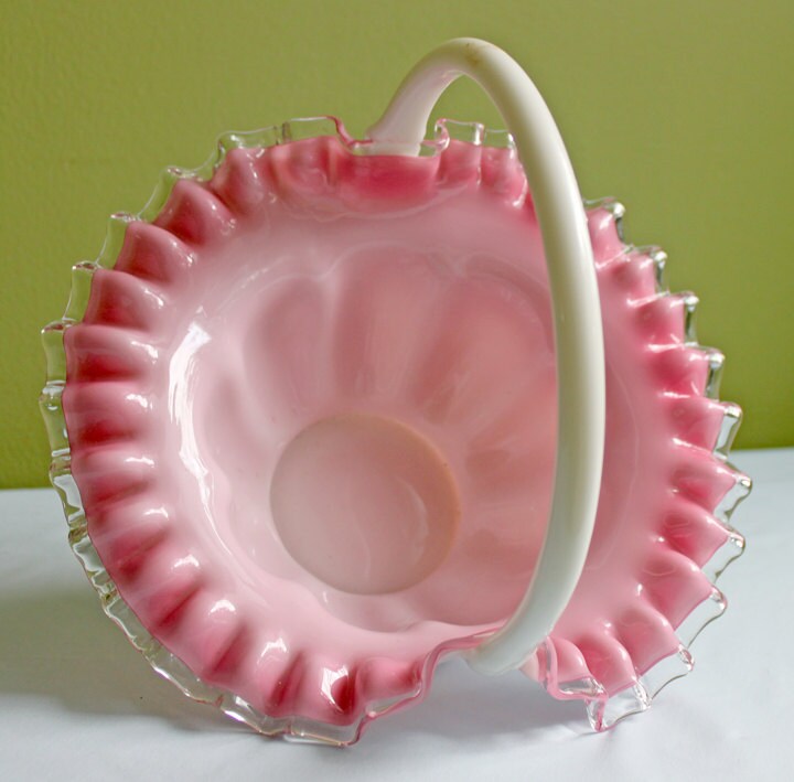 Crystal Basket /  Pink Crest and Silvercrest Bowl with Handle.  Ruffled Scalloped Rim.  Gift for Her.