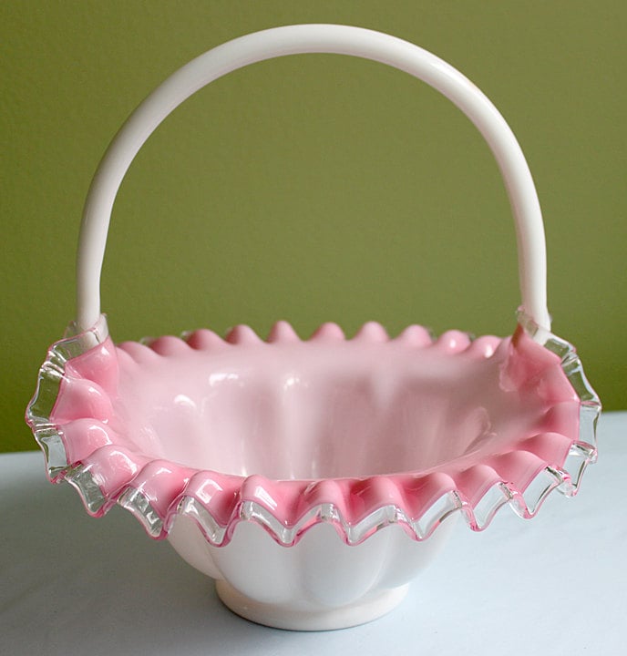 Crystal Basket /  Pink Crest and Silvercrest Bowl with Handle.  Ruffled Scalloped Rim.  Gift for Her.