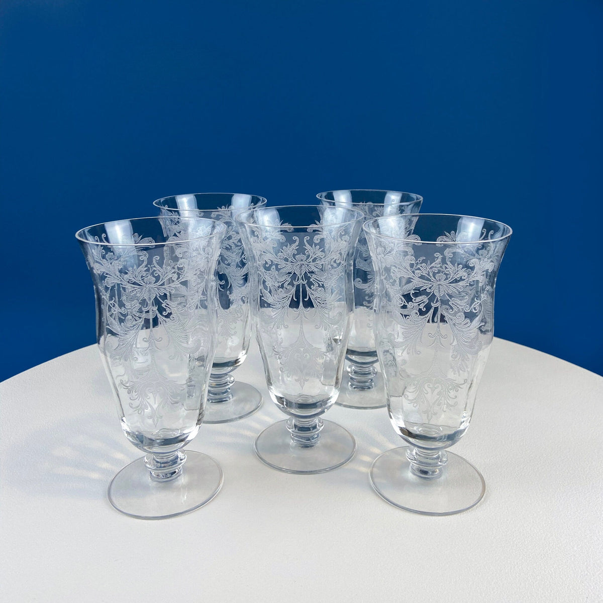 Antique Tiffin Franciscan Juice Glasses, Etched Cherokee Rose Pattern, Set of 5