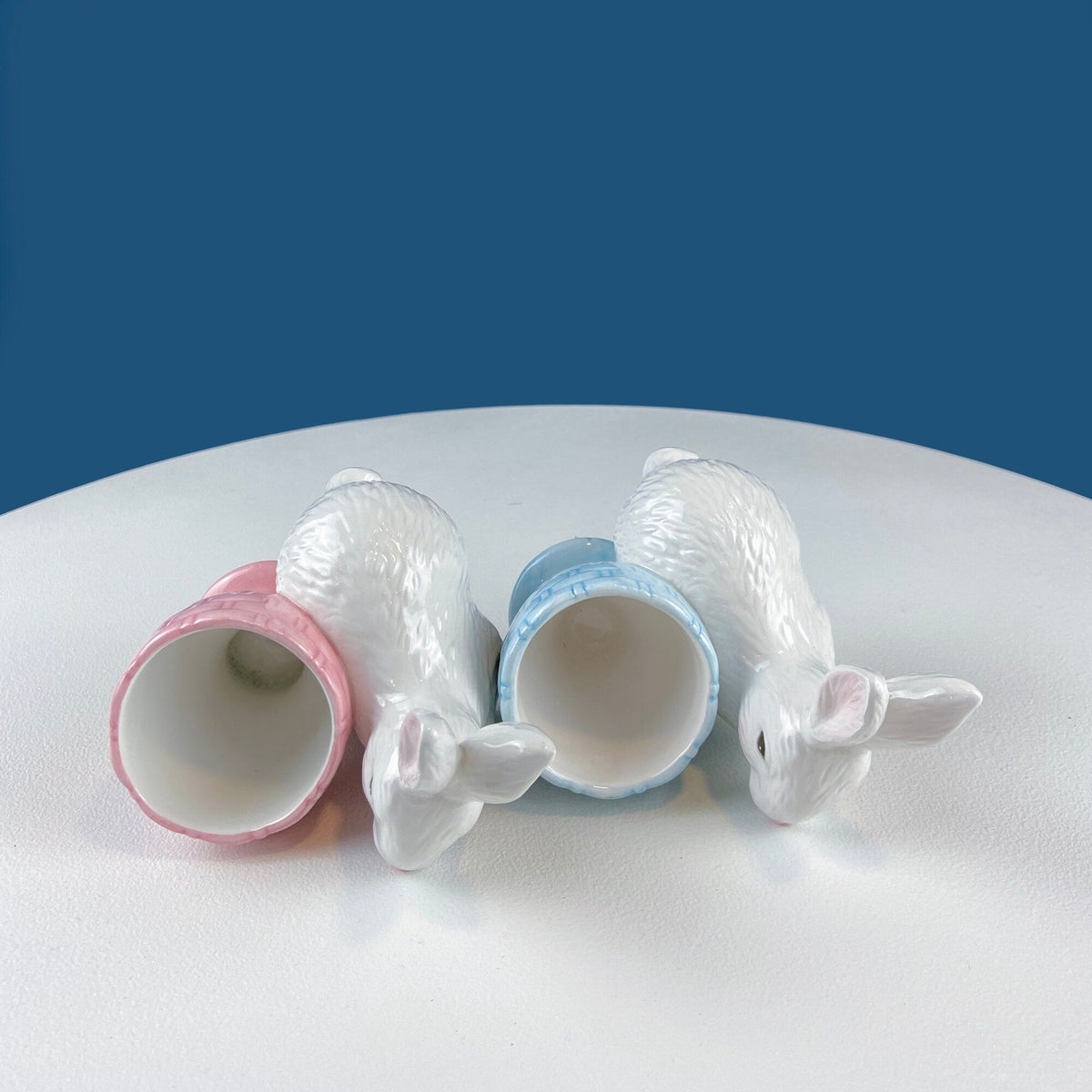 Cute Boy and Girl Bunnies Egg Cups. Rabbits with Blue and Pink Baskets. Set of Two Serving Dishes. Easter/Spring Celebration.