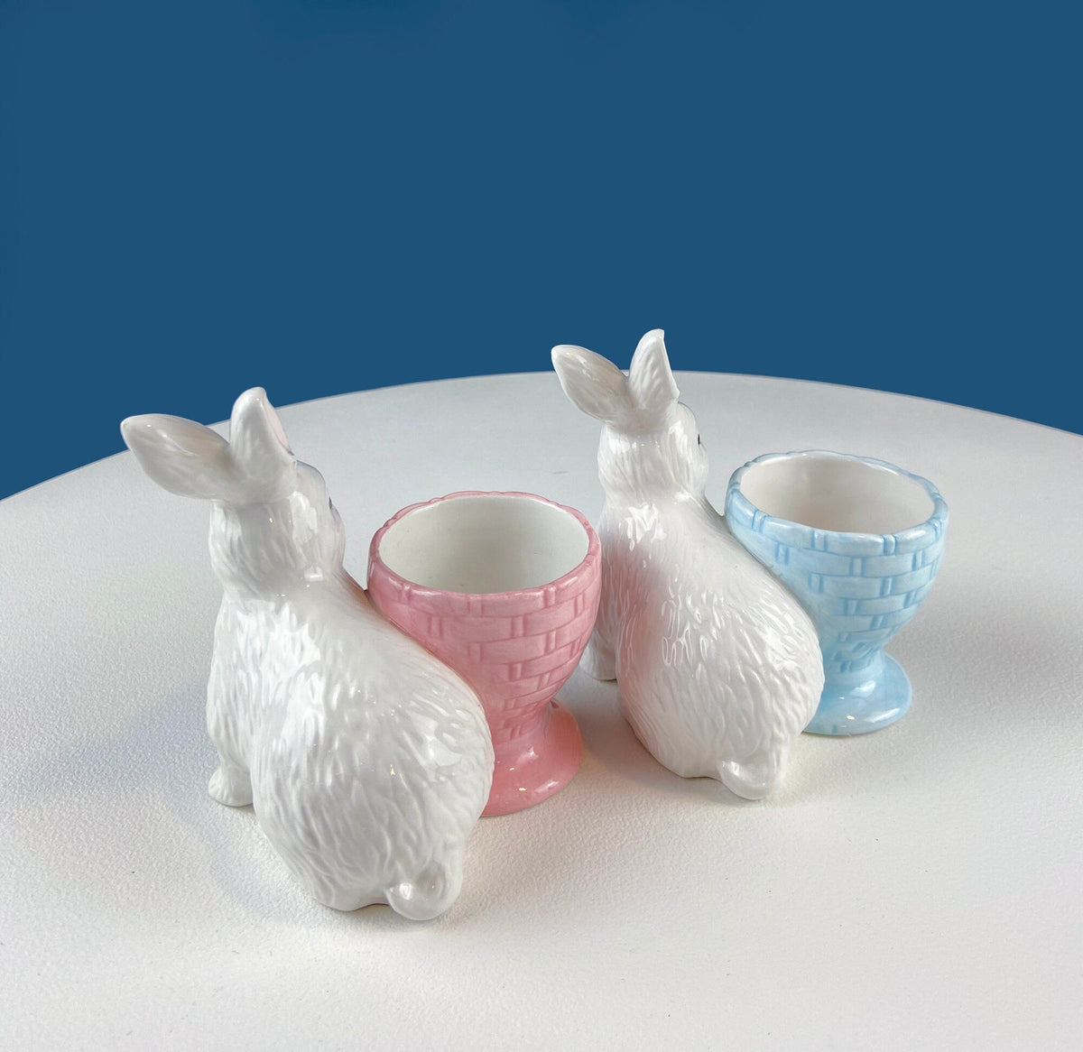 Cute Boy and Girl Bunnies Egg Cups. Rabbits with Blue and Pink Baskets. Set of Two Serving Dishes. Easter/Spring Celebration.