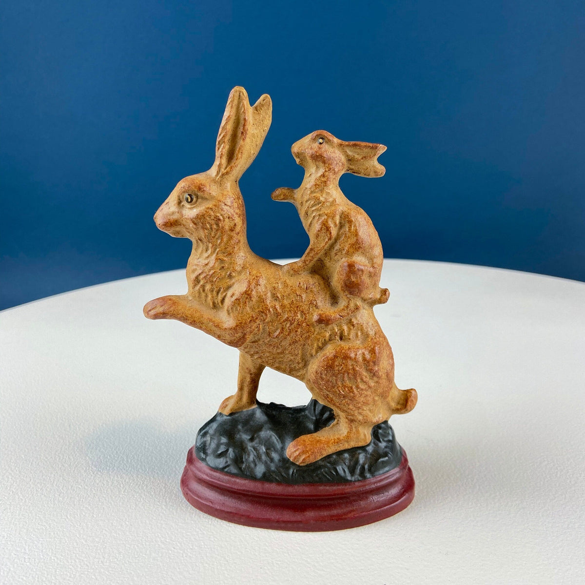 Brown Mom Bunny Figurine Carrying Baby Rabbit on her Back. Cute Rustic Ceramic Easter Decor. Spring Celebration. Modern Farmhouse.