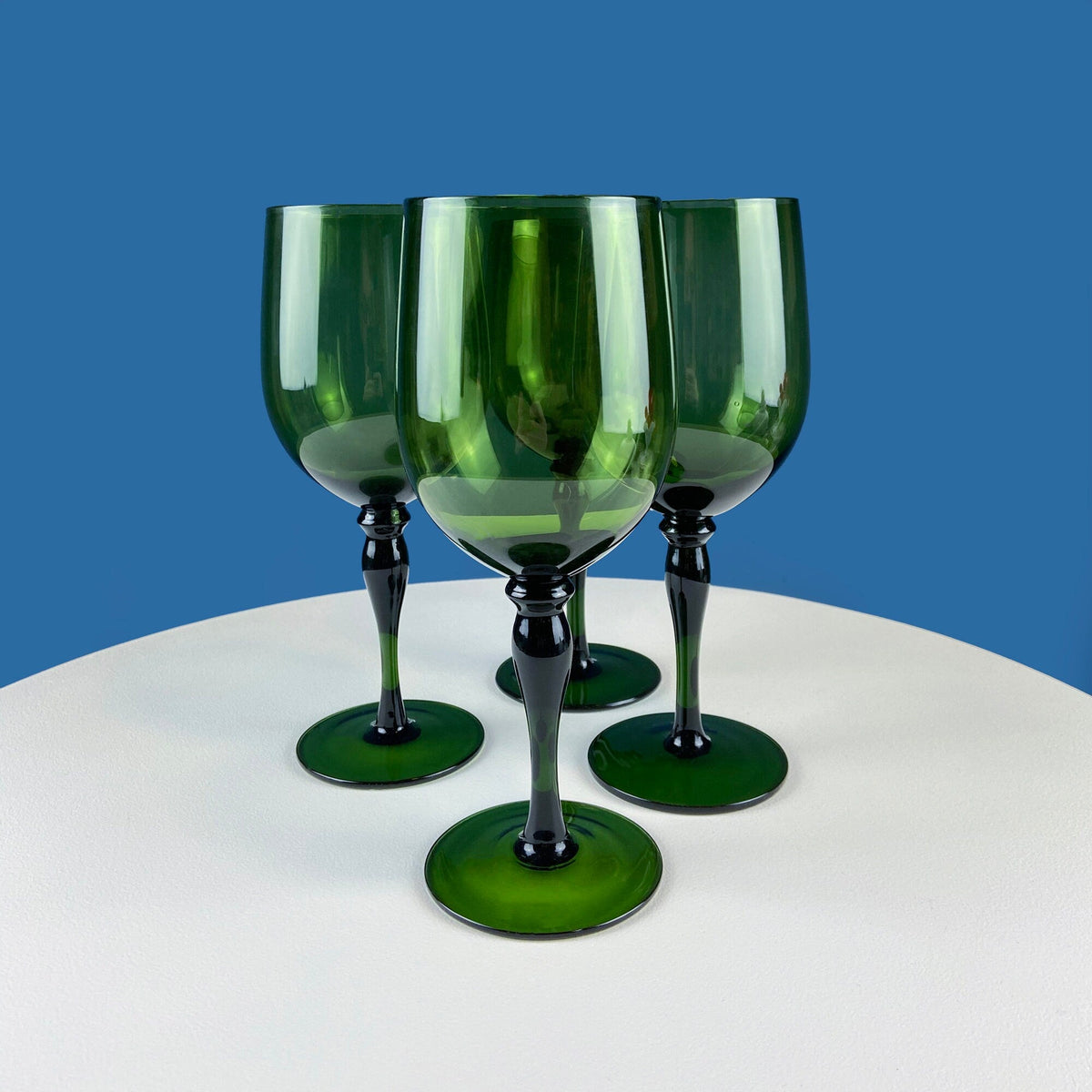 Stunning Green Wine Goblets.  Set of Four Stemware. Dark Green Hand Blown Glasses. Elegant Dining Room Decor. Unique Barware. Wedding Gift.