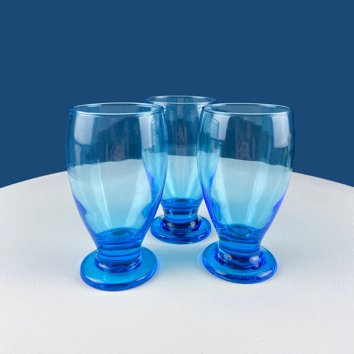 Modern Topaz Stemmed Tumblers. Set of Six Footed Juice Glasses. Blue Kitchen Decor. Dining Room Decor. Collectible Glasses. Wedding Gift.