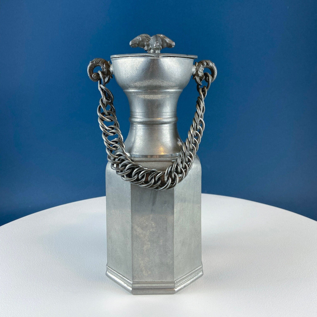 Pewter Jug with Ram Details & Chain. Swiss Aarau Hand Made Tankard Pitcher Vase. For Dry or Live Flowers. Rustic Home Display. Gift for Dad.