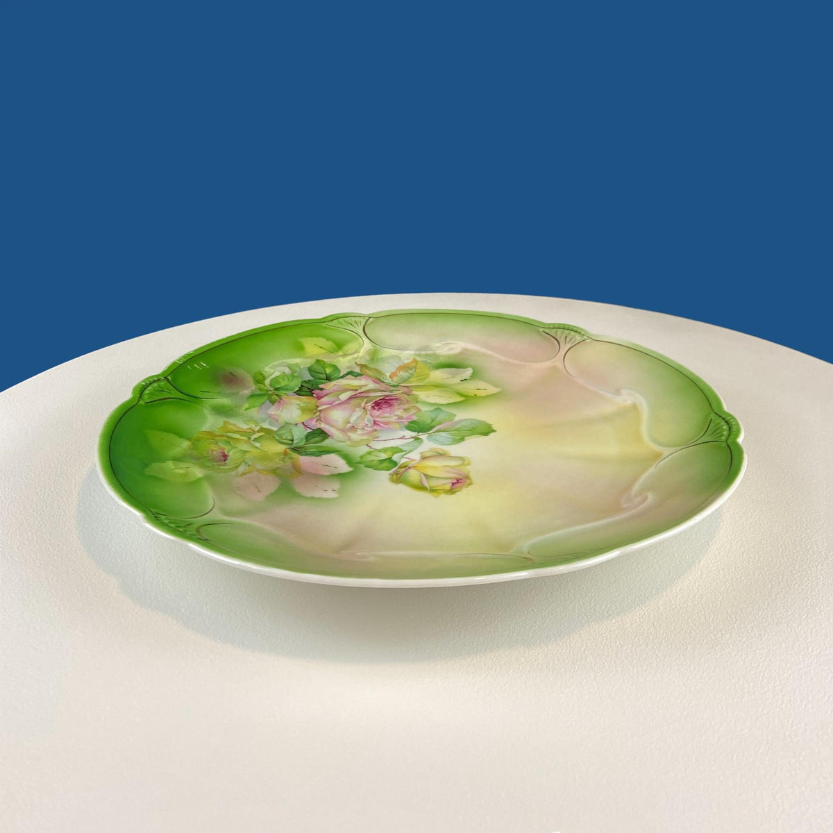 Antique 12" Serving or Decorative Plate. Hand Painted Pink Roses.  Dining Room Wall Decor or Collectible Display. Wedding Registry Gift.