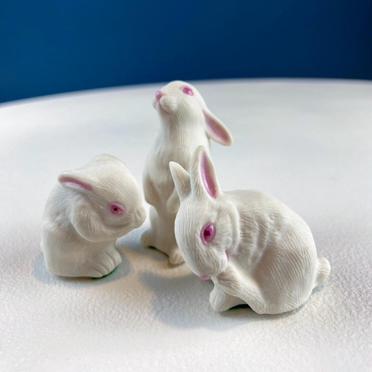 Family of White Porcelain Bunnies with Pink Ears & Eyes. 5 Small Figurines. Home Kids Room Decor. Easter Display. Gift for Him or Her.