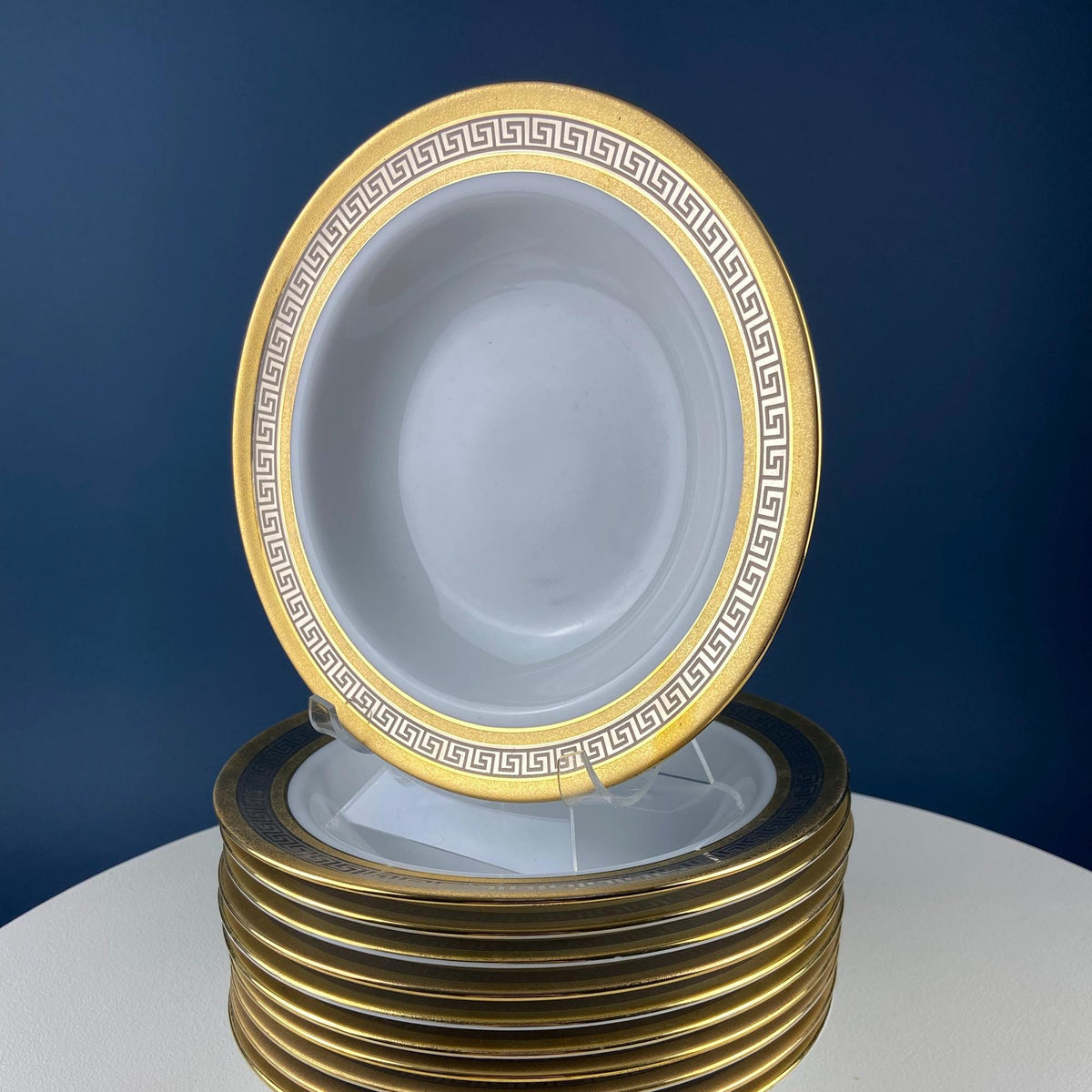 Vintage Sheng Xing Porcelain Dinnerware Set: White, Gold & Platinum Greek Motif