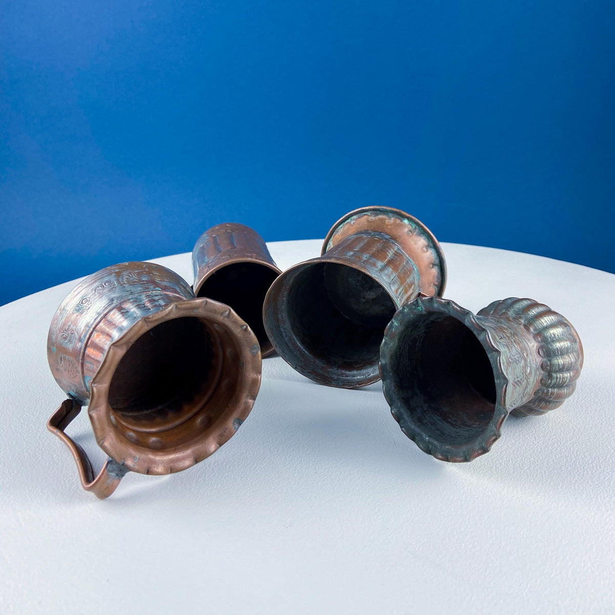 Antique Rustic Hand Pounded Copper and Tin Cups. Set of 4 Different Vessels. Beautiful Fluting. Rustic Home Decor. Gift for Him or Her.