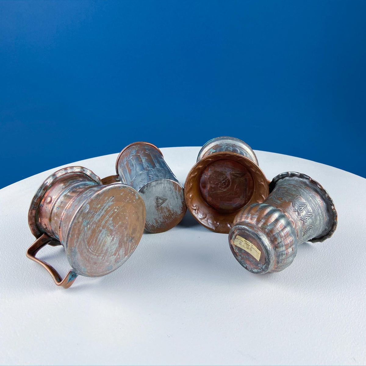 Antique Rustic Hand Pounded Copper and Tin Cups. Set of 4 Different Vessels. Beautiful Fluting. Rustic Home Decor. Gift for Him or Her.