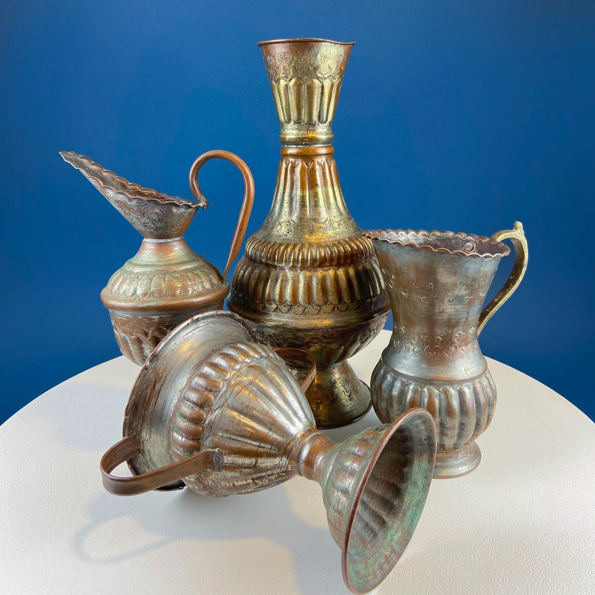 Antique Rustic Hand Pounded Copper and Tin Cups. Set of 4 Different Vessels. Beautiful Fluting. Rustic Home Decor. Gift for Him or Her.