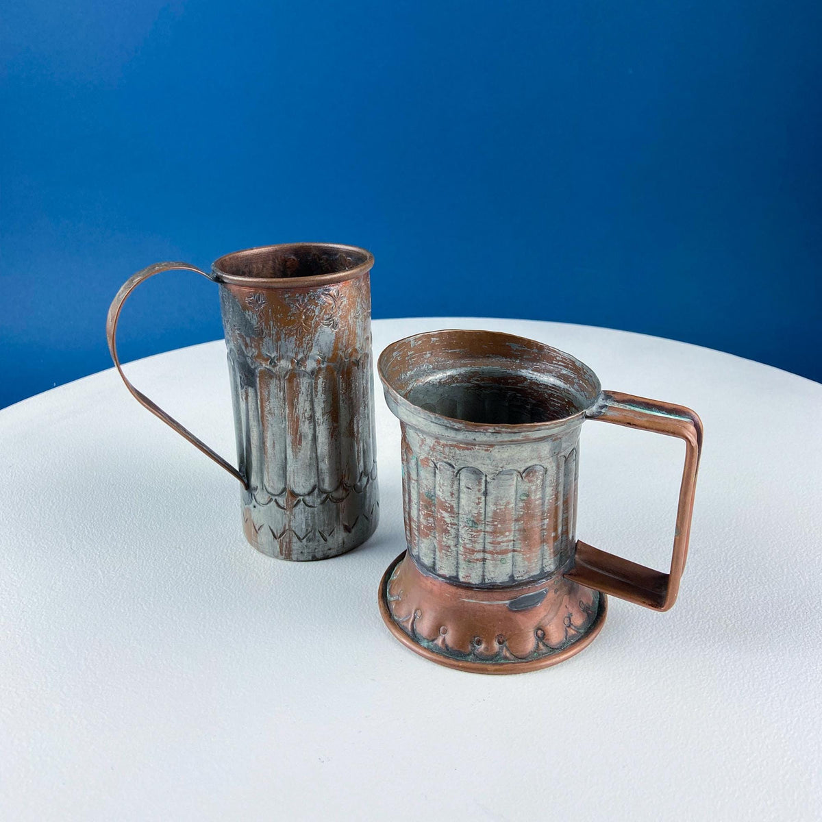 Antique Rustic Hand Pounded Copper and Tin Cups. Set of 4 Different Vessels. Beautiful Fluting. Rustic Home Decor. Gift for Him or Her.
