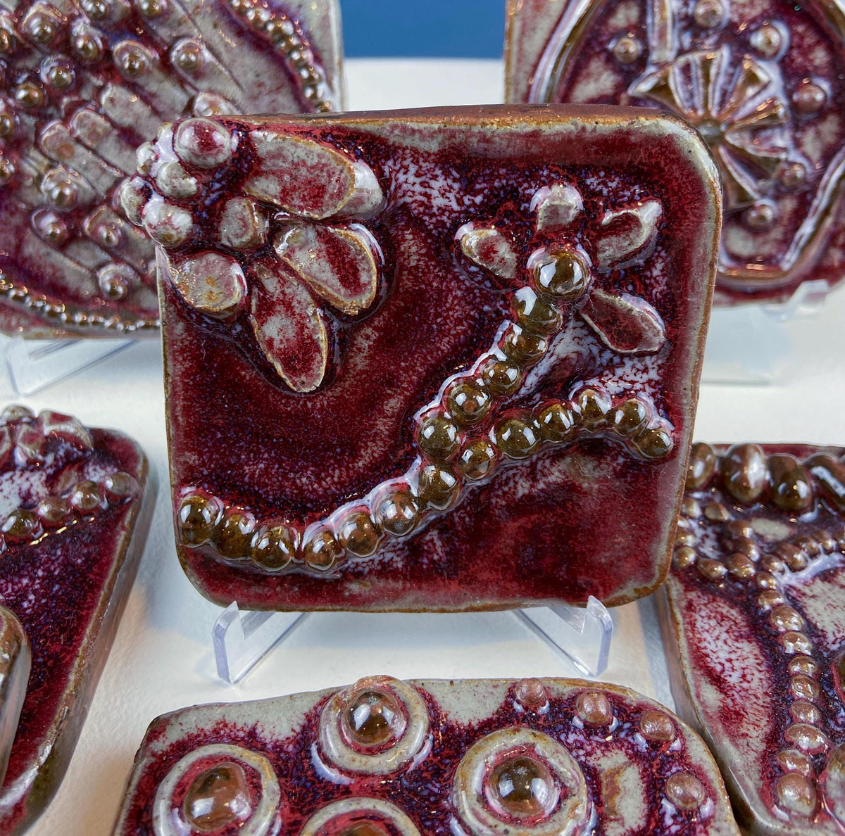 Set of 7 Handmade 3D High Gloss Art Tiles. Dark Red Translucent Glaze. Water Creatures Formations Flora. Wall Decor. Gift for Artist.