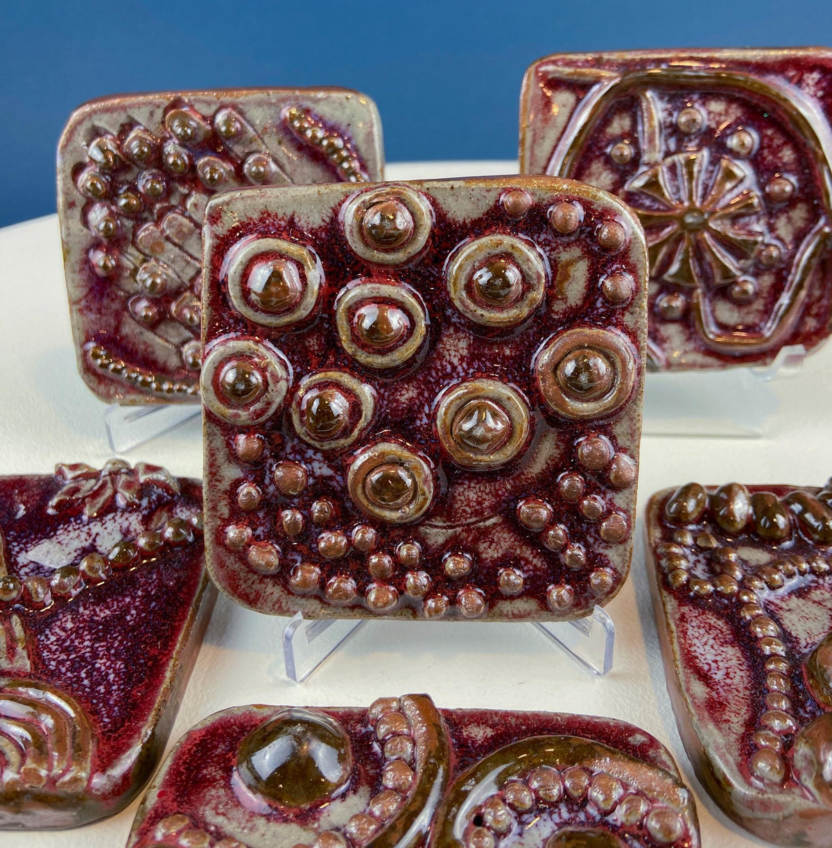 Set of 7 Handmade 3D High Gloss Art Tiles. Dark Red Translucent Glaze. Water Creatures Formations Flora. Wall Decor. Gift for Artist.