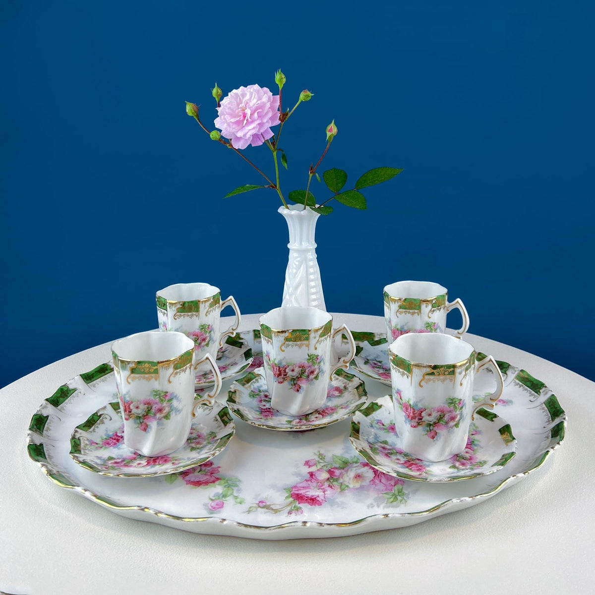 Antique Hot Chocolate or Coco Serving Set. Wild Roses Motif. Oval Hand-Painted Tray & Five Matching Cups. Anniversary Gift. Gift for Mom.