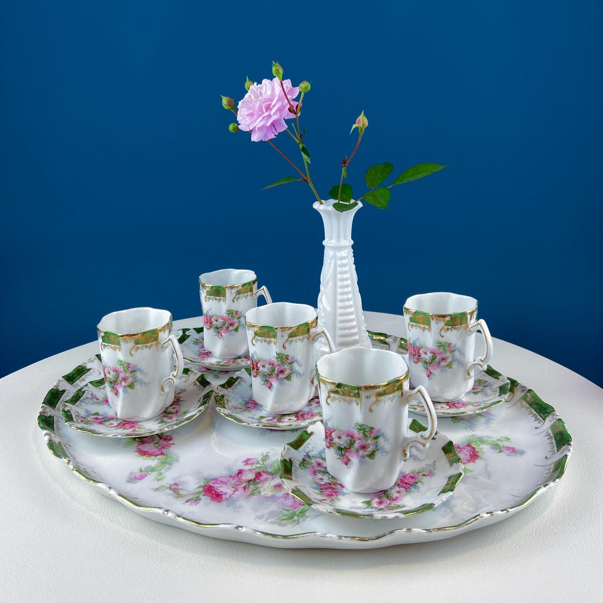 Antique Hot Chocolate or Coco Serving Set. Wild Roses Motif. Oval Hand-Painted Tray & Five Matching Cups. Anniversary Gift. Gift for Mom.