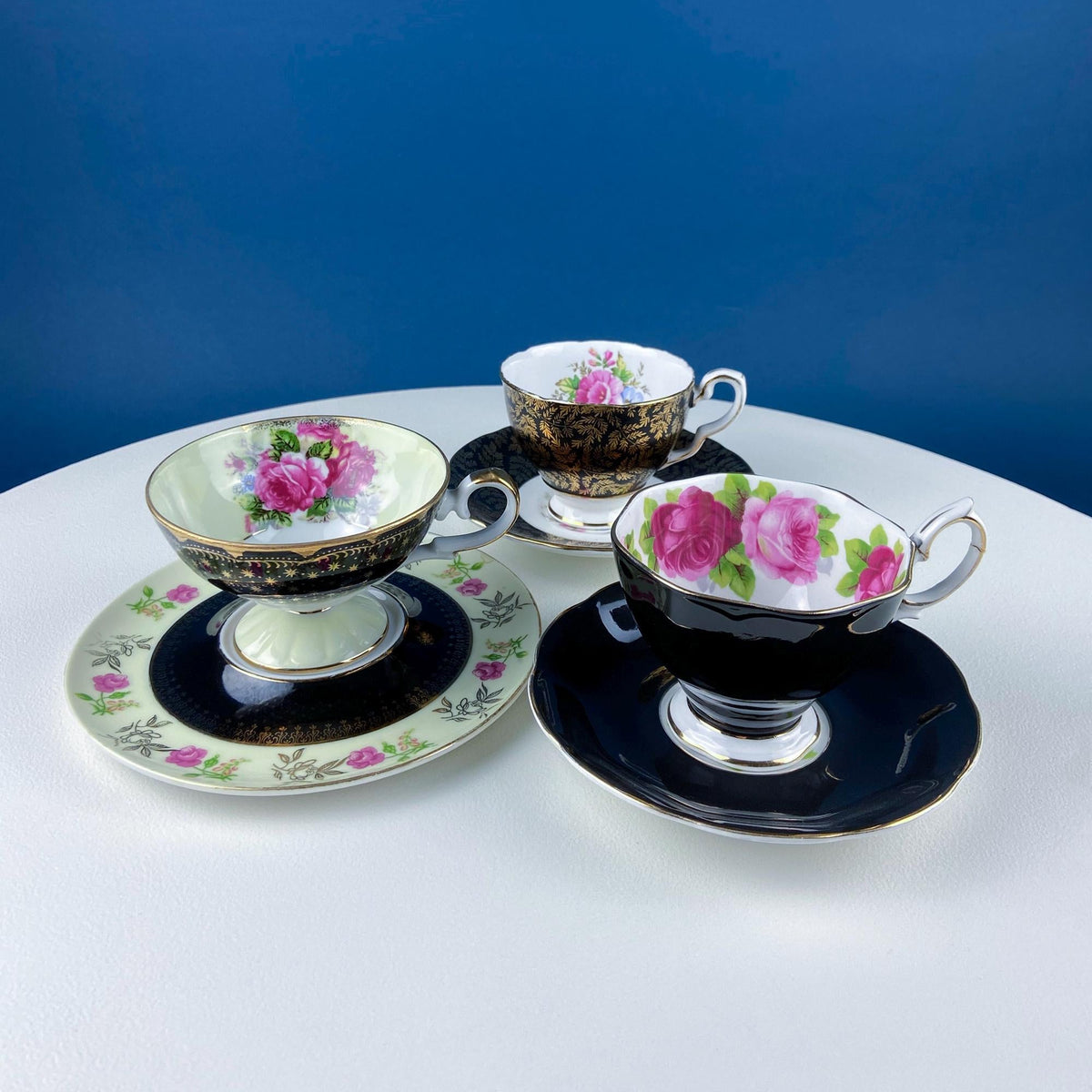 Antique Lefton Black and Gold Tea Cup and Saucer. Hand Painted Rose Motif. Dining Room Decor. Gift for Him or Her. Collectible Porcelain.