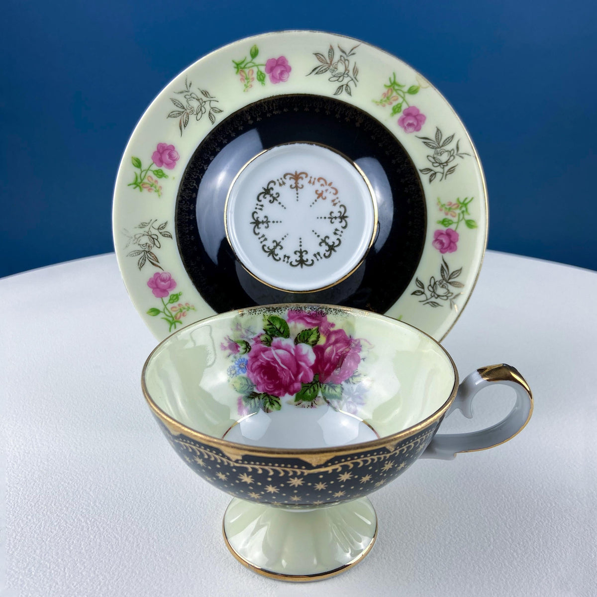 Antique Lefton Black and Gold Tea Cup and Saucer. Hand Painted Rose Motif. Dining Room Decor. Gift for Him or Her. Collectible Porcelain.