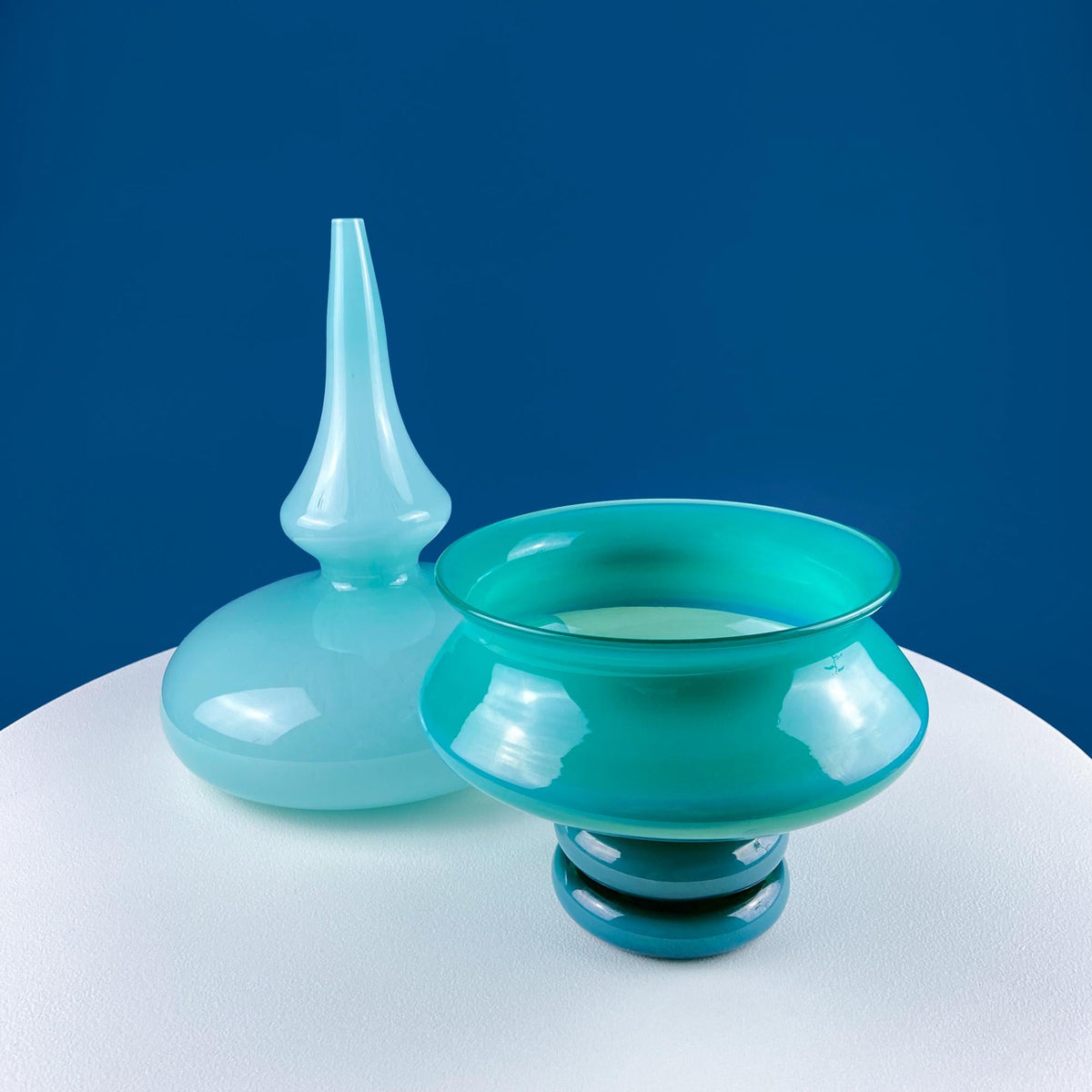 Modern Sky Blue Hand Blown Curvilinear Glass Vase. Beautiful Smooth Opaque Lt. Blue Glass Modern Home Decor. Interior Design Ideas.