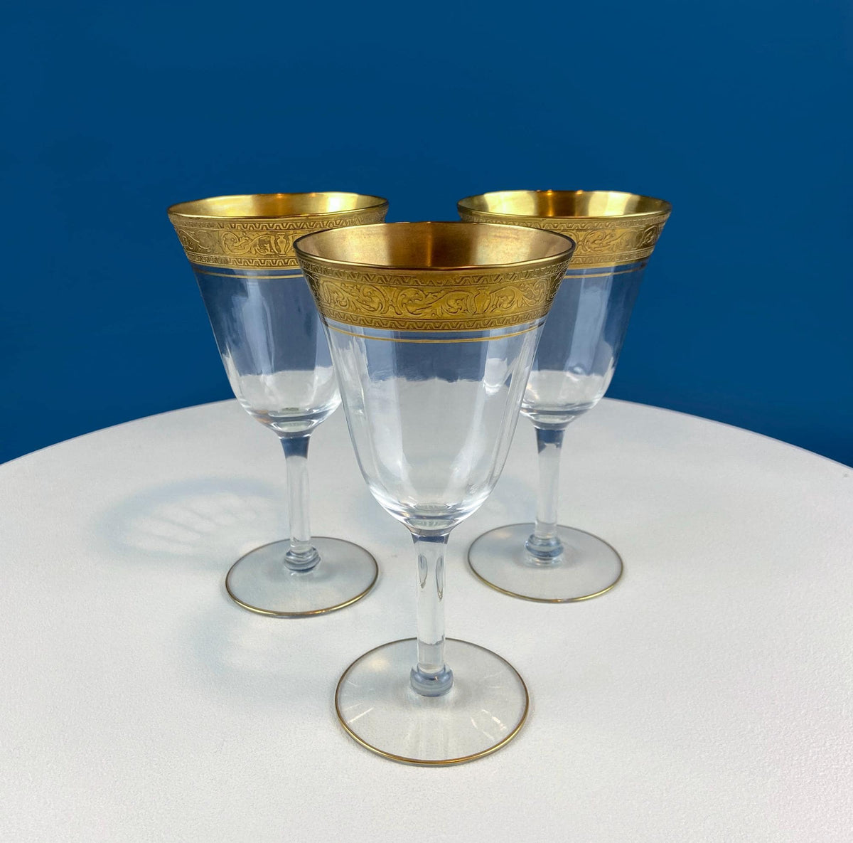 Antique Tiffin Franciscan Wine Goblets with Embossed Gold Rims. Set of 5 Faceted Mid Century Stemware. 24K Gold. Dining Room Decor. Gift for Him Her