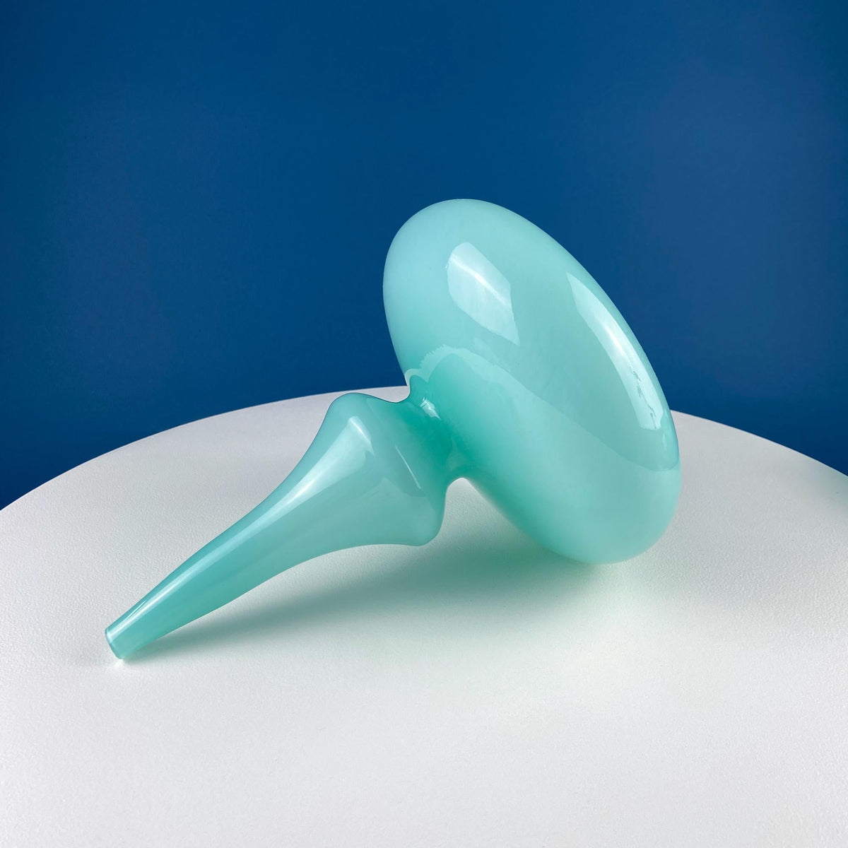 Modern Sky Blue Hand Blown Curvilinear Glass Vase. Beautiful Smooth Opaque Lt. Blue Glass Modern Home Decor. Interior Design Ideas.