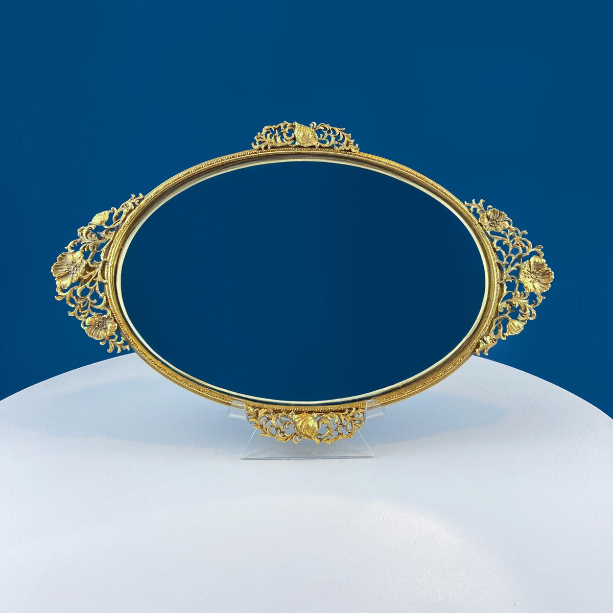 Vintage Large Gold Dresser Vanity Mirror Tray. Rich Gilded Metal Tea Rose Oval Frame. Chic Bedroom Bath Perfume Display. Wall Hanging.