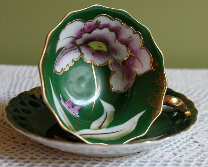 Vintage Dark Green Tea Cup and Saucer with Hand Painted Flowers