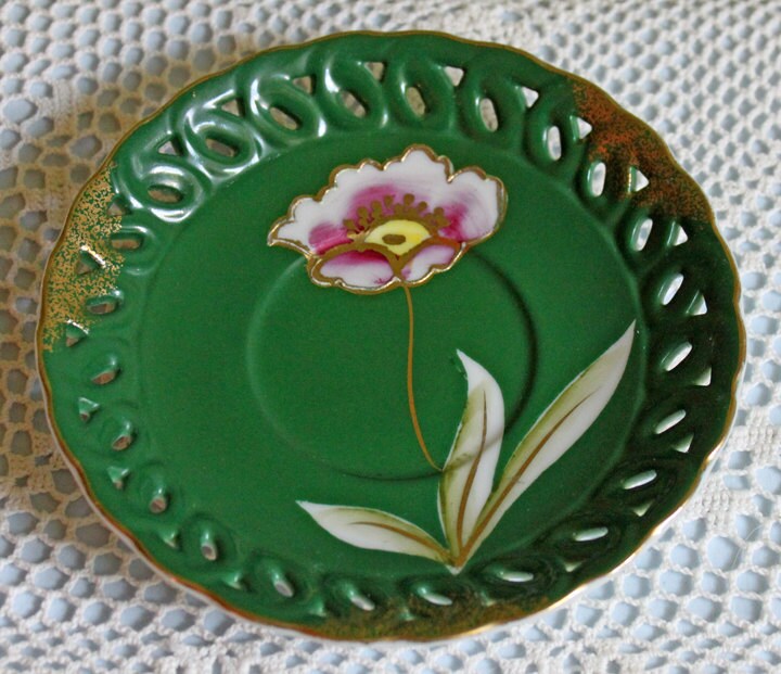 Vintage Dark Green Tea Cup and Saucer with Hand Painted Flowers