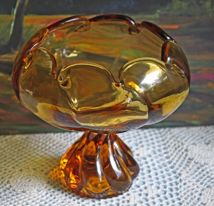 Candy Bowl.  Amber Glass Footed Bowl. Pinched Rim Bowl or Compote with Scalloped Rim and Ornate Foot. Glass Art Home Decor.