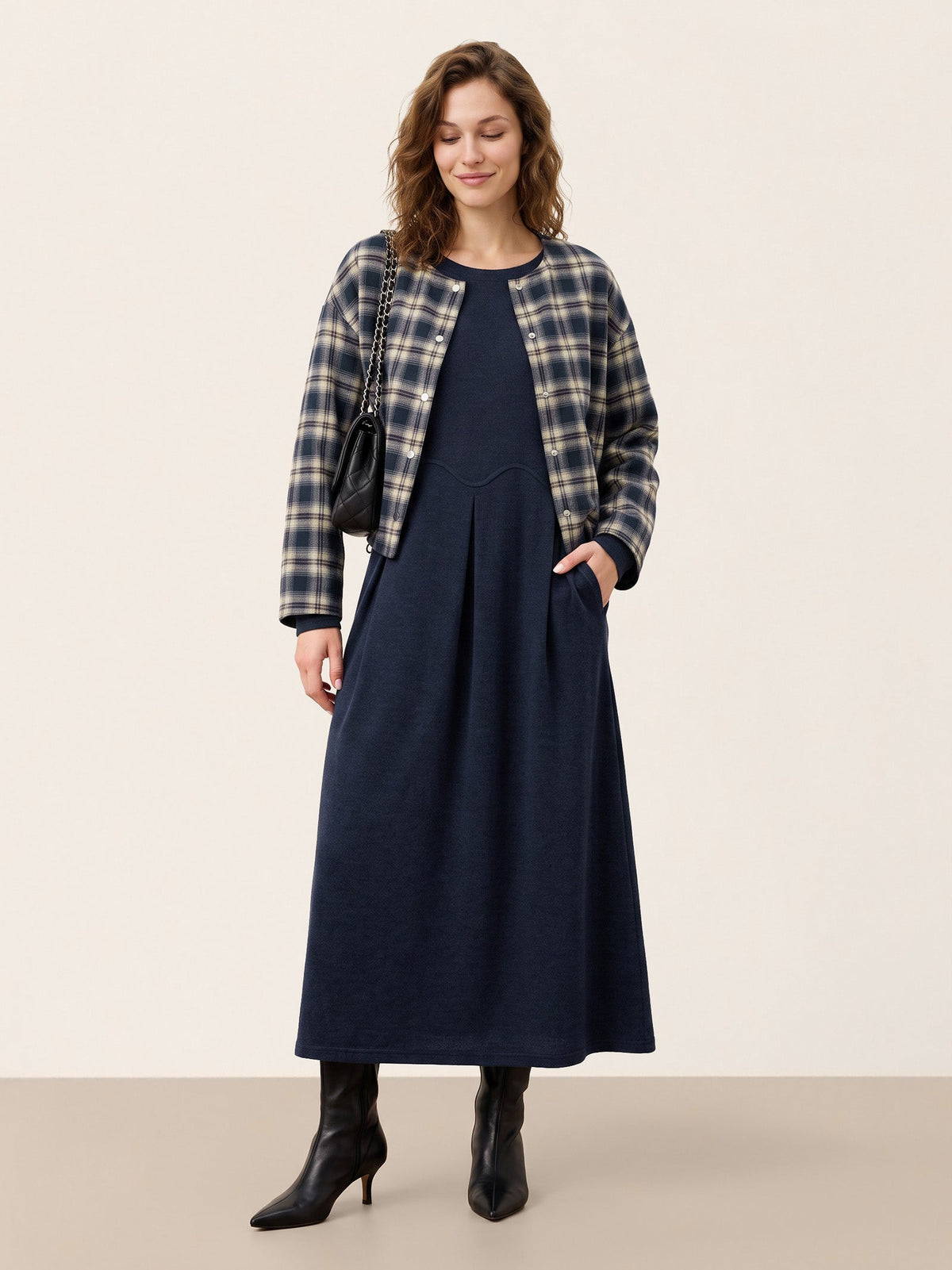 Wool Arc-Panel Sculpted Pleats Midi Dress CALISTA