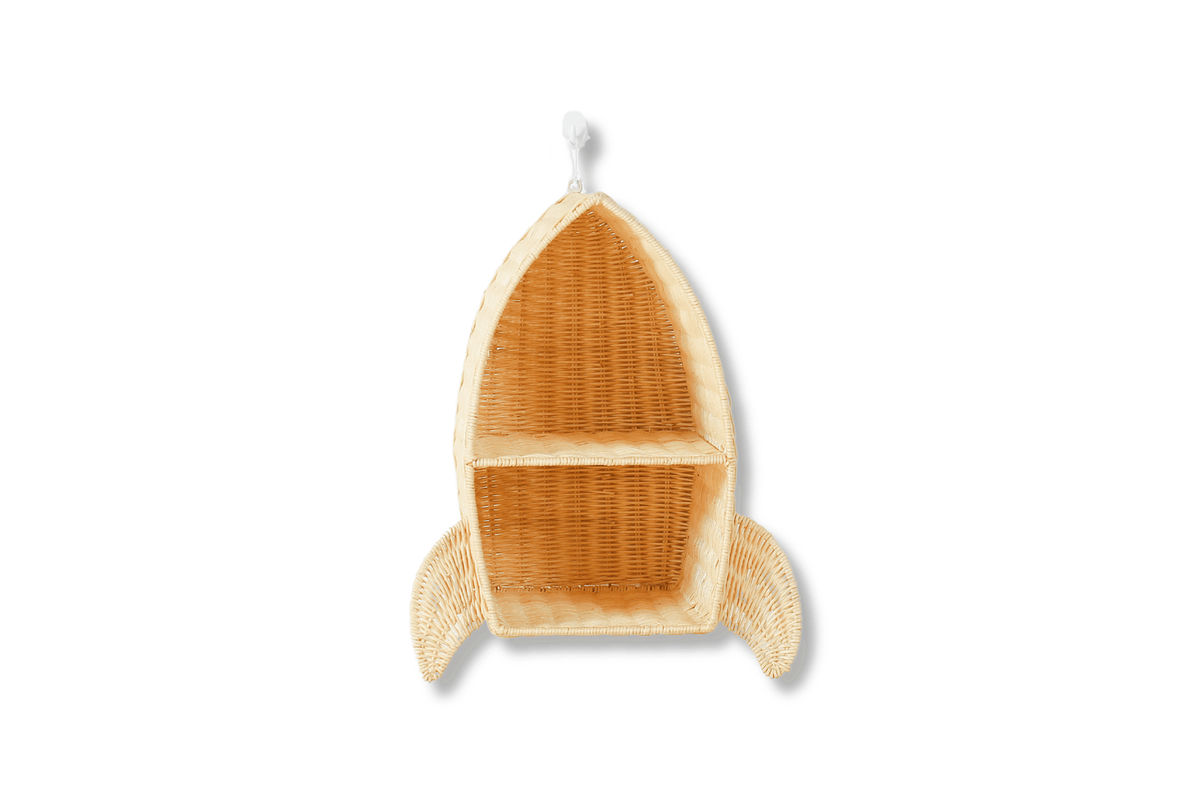 Rattan Rocket Ship Wall Shelf – Space Theme Kids Room & Nursery Décor