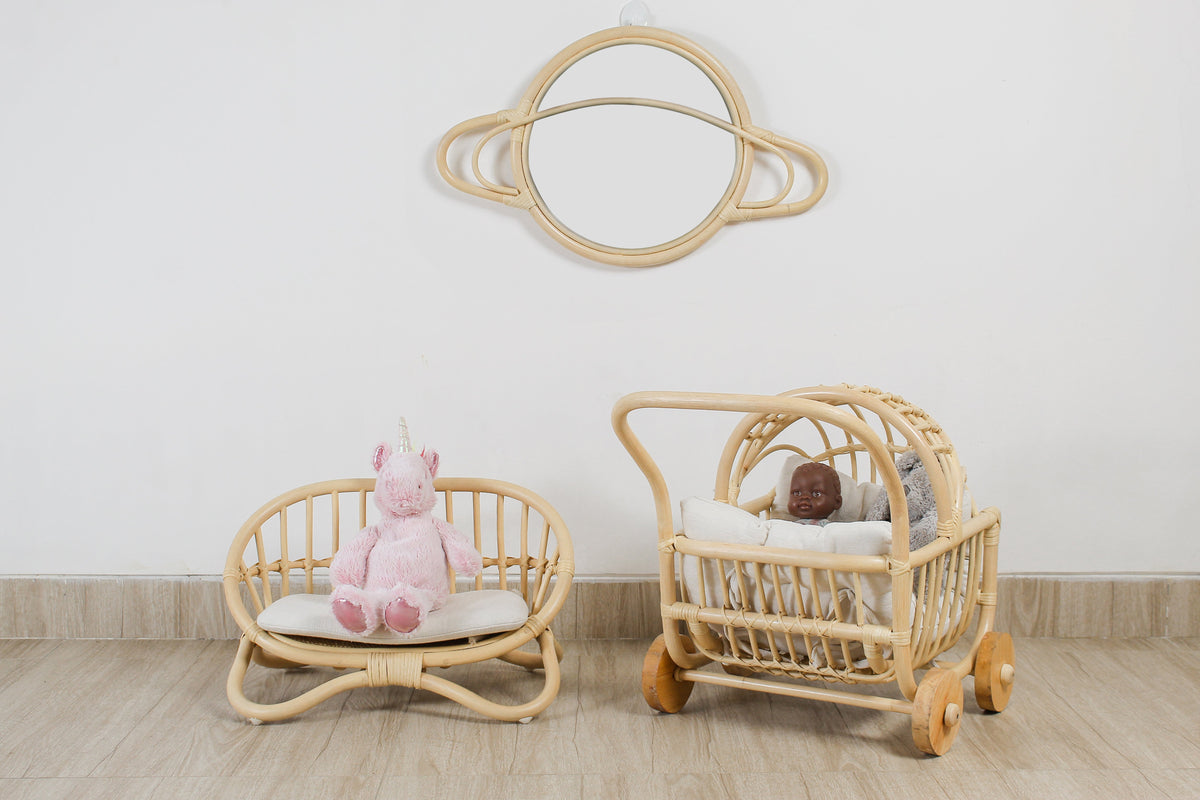 Rattan Saturn Mirror | Boho Nursery Wall Decor | Handmade Natural Rattan Mirror for Kids Room | Eco-Friendly Montessori Wall Art